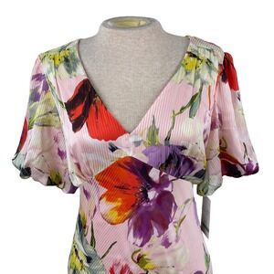 Taylor Pink Floral Maxi Dress V-Neck Puff Sleeve Multi-Color Size 8